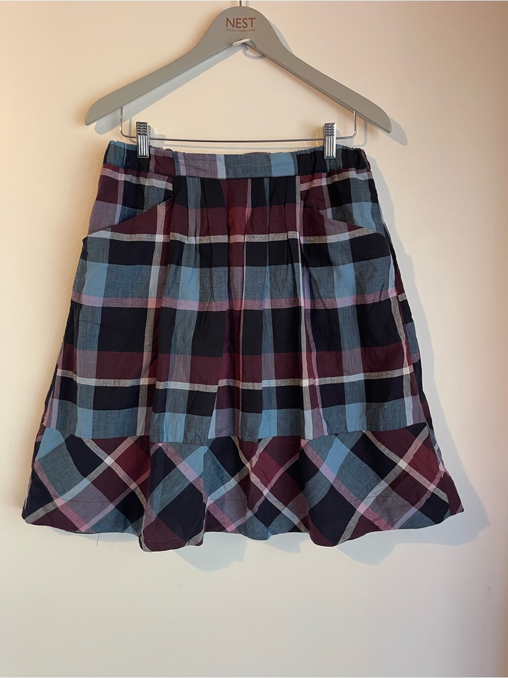 Joe Fresh Plaid Lined A-Line Skirt Purple Blue Medium Elastic Waist Pockets